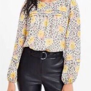 LOFT Yellow and Gray Ruffled Blouse with Peter Pan Collar